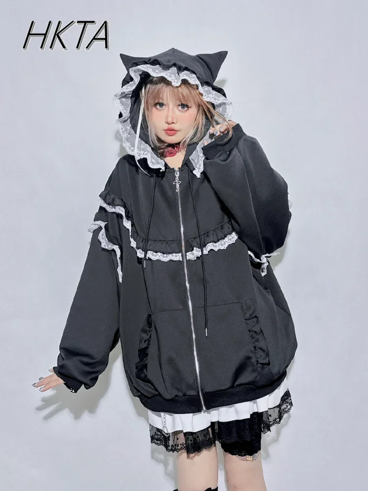 

Vintage Shoulder Black White Hoodies Jacket Women's Autumn and Winter Zipper Sports Cute Cat Ears Lace Subculture Y2k Sweatshirt