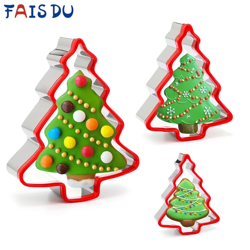 FAIS DU 3pcs Christmas Tree Cookie Cutters Stainless Steel Christmas tree Shape Moulds Set for Baking with Red Environmental PVC