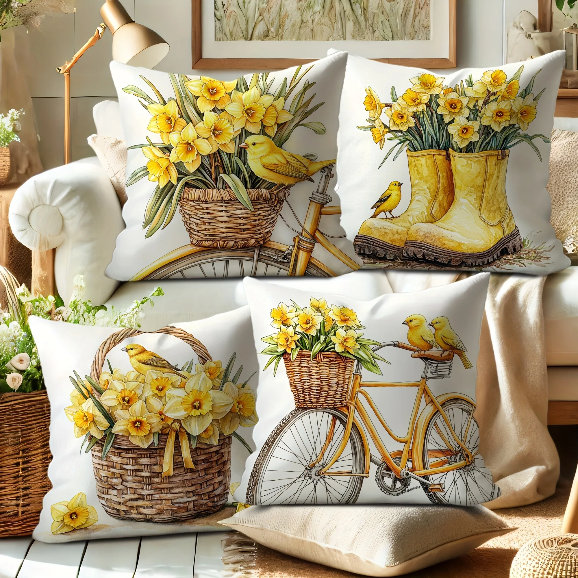 

Наволочка «Солнечный желтый нарцисс и птица»: чехол на подушку с веселой тематикой для яркого уютного домашнего декора дивана