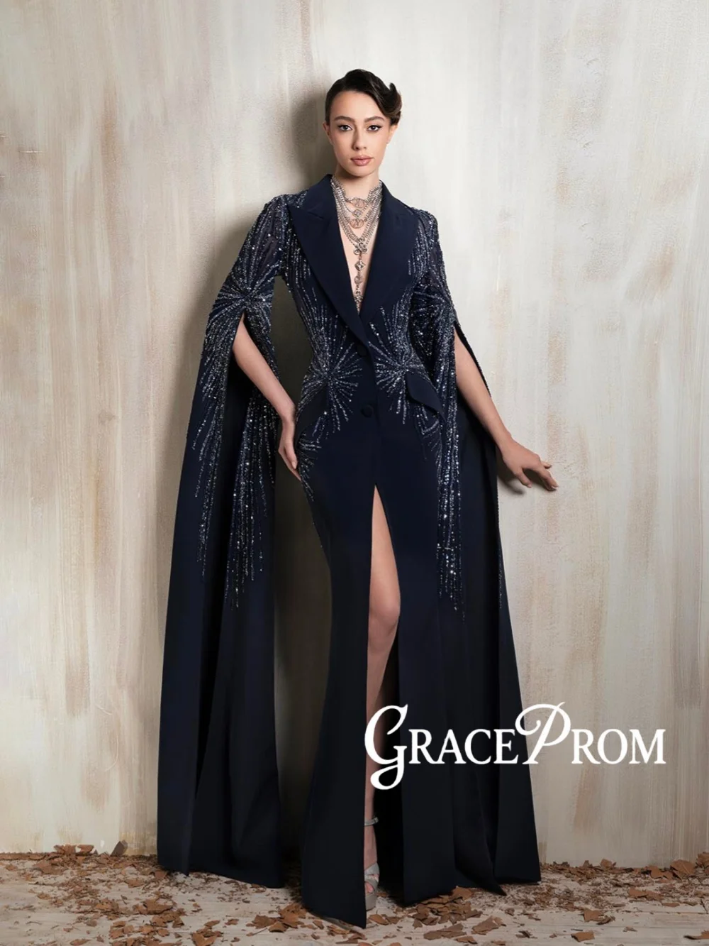 

Dazzling Beaded Evening Dress With Slit Vneck Cape Sleeve Mother of The Bride Dress Customized Luxurious Long Red Carpet Gowns