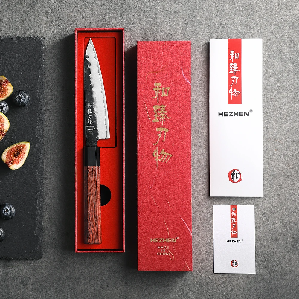 HEZHEN 5.5 Inches Utility Knife 3 Layers Composite Steel High quality Red wood handle Kitchen Accessories