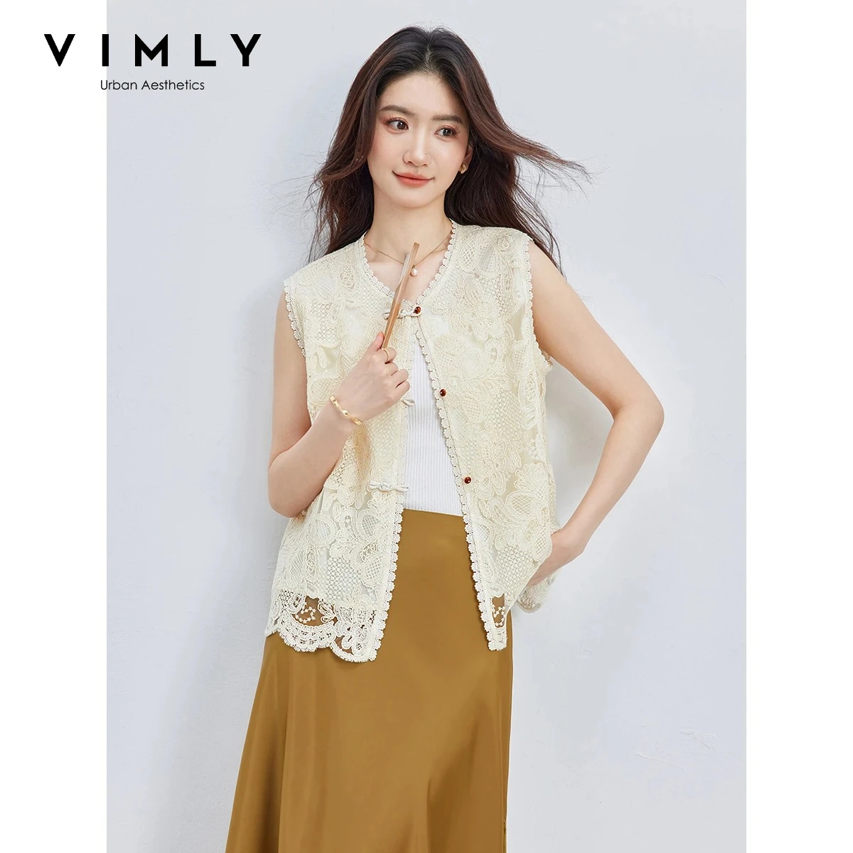 VIMLY Women's New Chinese Style Vest Summer 2026 New Frog Button Sleeveless Lace Top Ladies Clothes Elegant Wear A6572