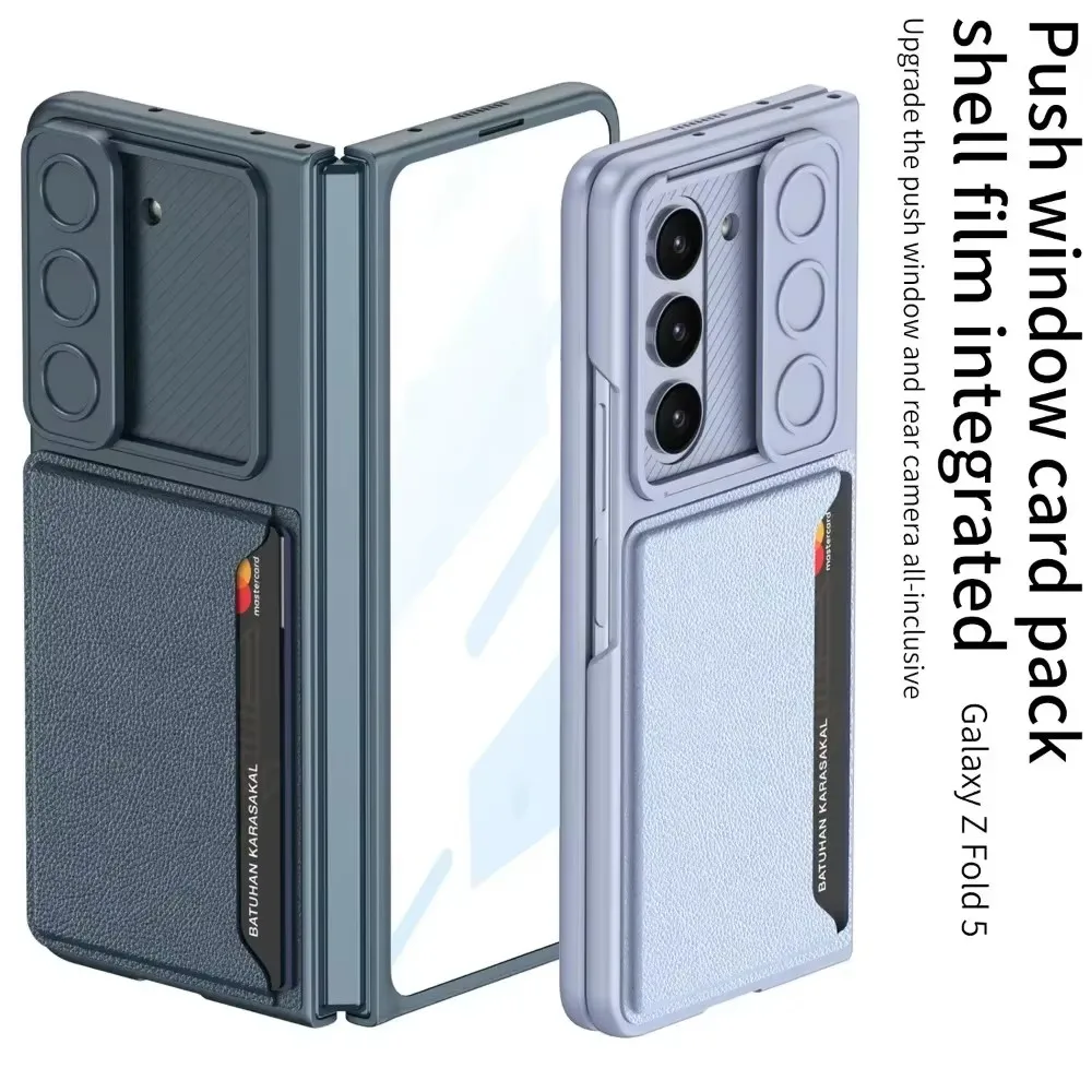 Luxury Slide Window Case for Samsung Galaxy Z Fold 6 5 Z Fold6 5G Case with Card Holder Lightweight HD Tempered Glass Cover