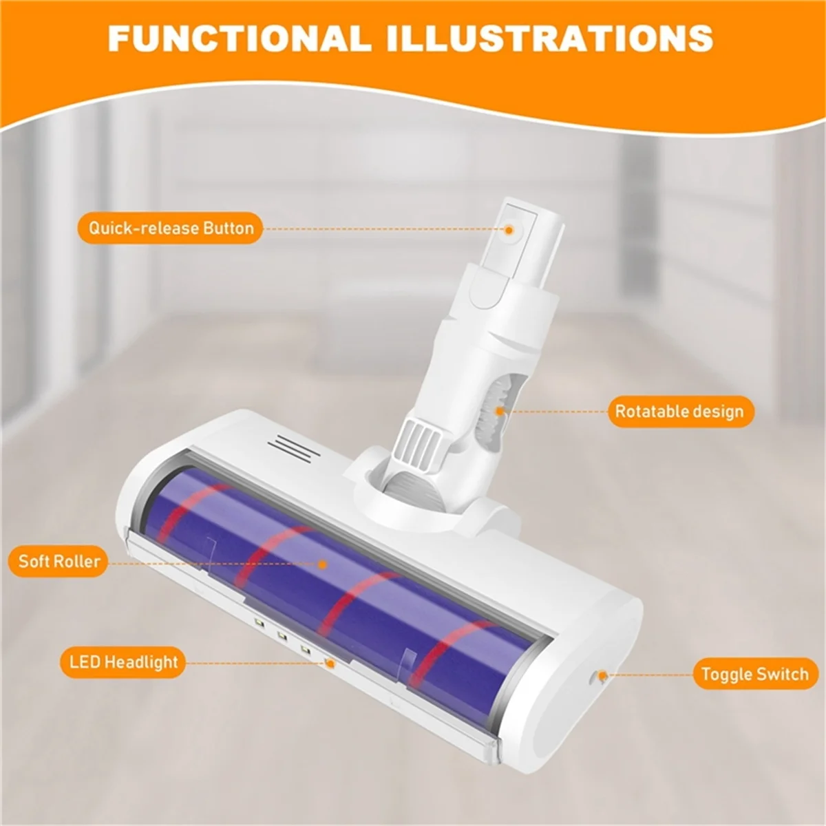 LED Electric Floor Brush Head for Xiaomi Mijia 1C K10 / Mijia G9 G10 / Dreame V8/V9B/V9P/V11 Vacuum Cleaner Brush Head