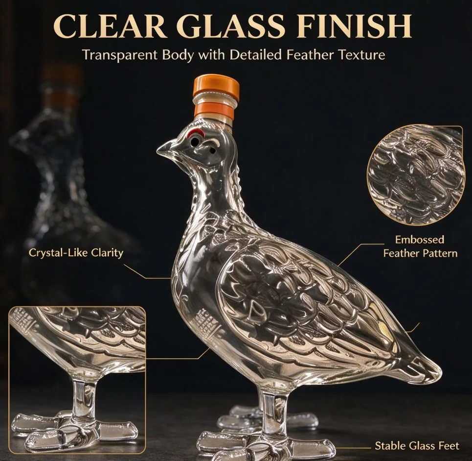 Unique Handmade Bird Figure Glass Decanter Bottle Clear Glass Vessel for Vodka Bourbon Whiskey Home Bar Art Decoration Gift