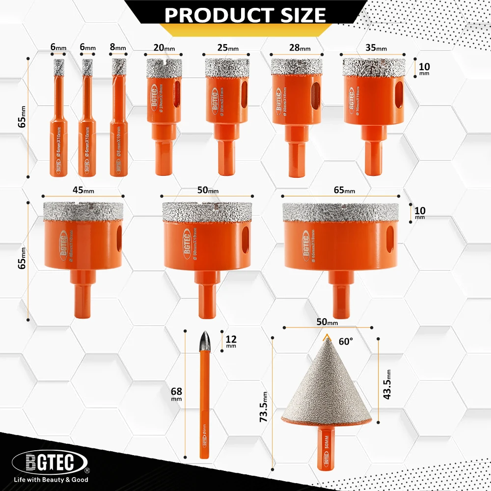 BGTEC 12 ชิ้น/กล่องเพชรเจาะ Core Bits ชุด 6/6/8/20/25/28/35/45/50/65 มม.+ 50 มม.Chamfer + เจาะตําแหน่งสามเหลี่ยม Shank กระเบื้องหินอ่อน