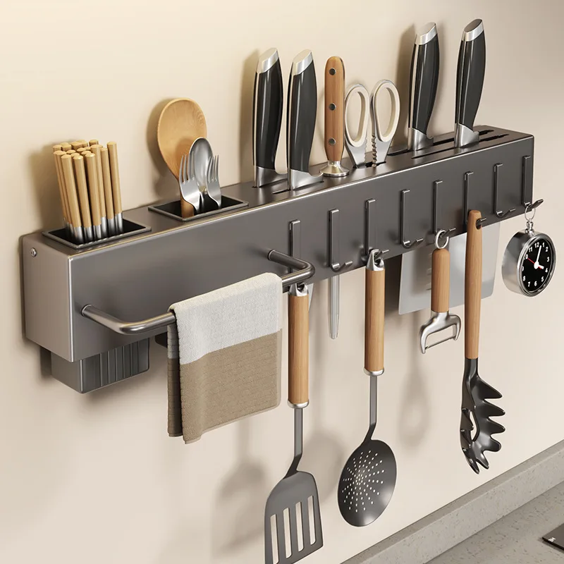 

Hole-free Kitchen Storage Wall-mounted Multifunctional Knife Holder Tableware Drainboard Cutlery Organizer Organization Home