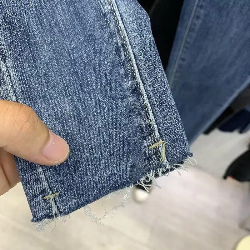 

Джинсы для похудения женские больших размеров с эластичным поясом, прямые брюки-карандаш, повседневные, темных цветов, из смесового хлопка и полиэстера