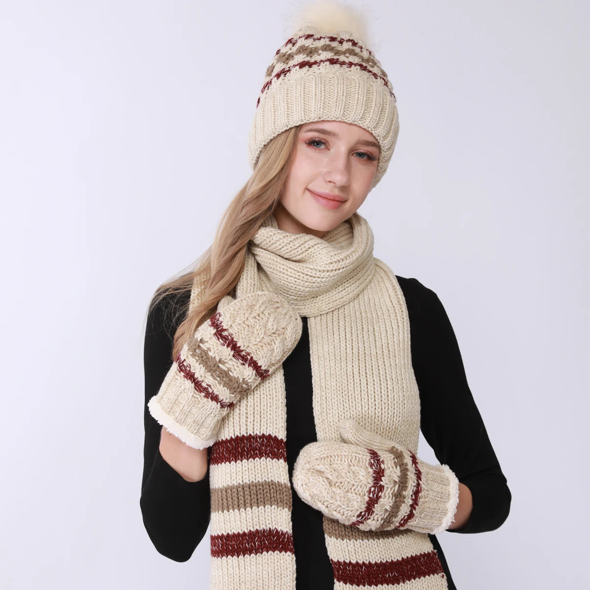 Frauen Solide Wolle 3pc Set Elastische Handschuhe Schal Hut Gestrickte Set Weiche Weihnachten Outdoor Kälte Schutz Warme Herbst und winter Geschenk