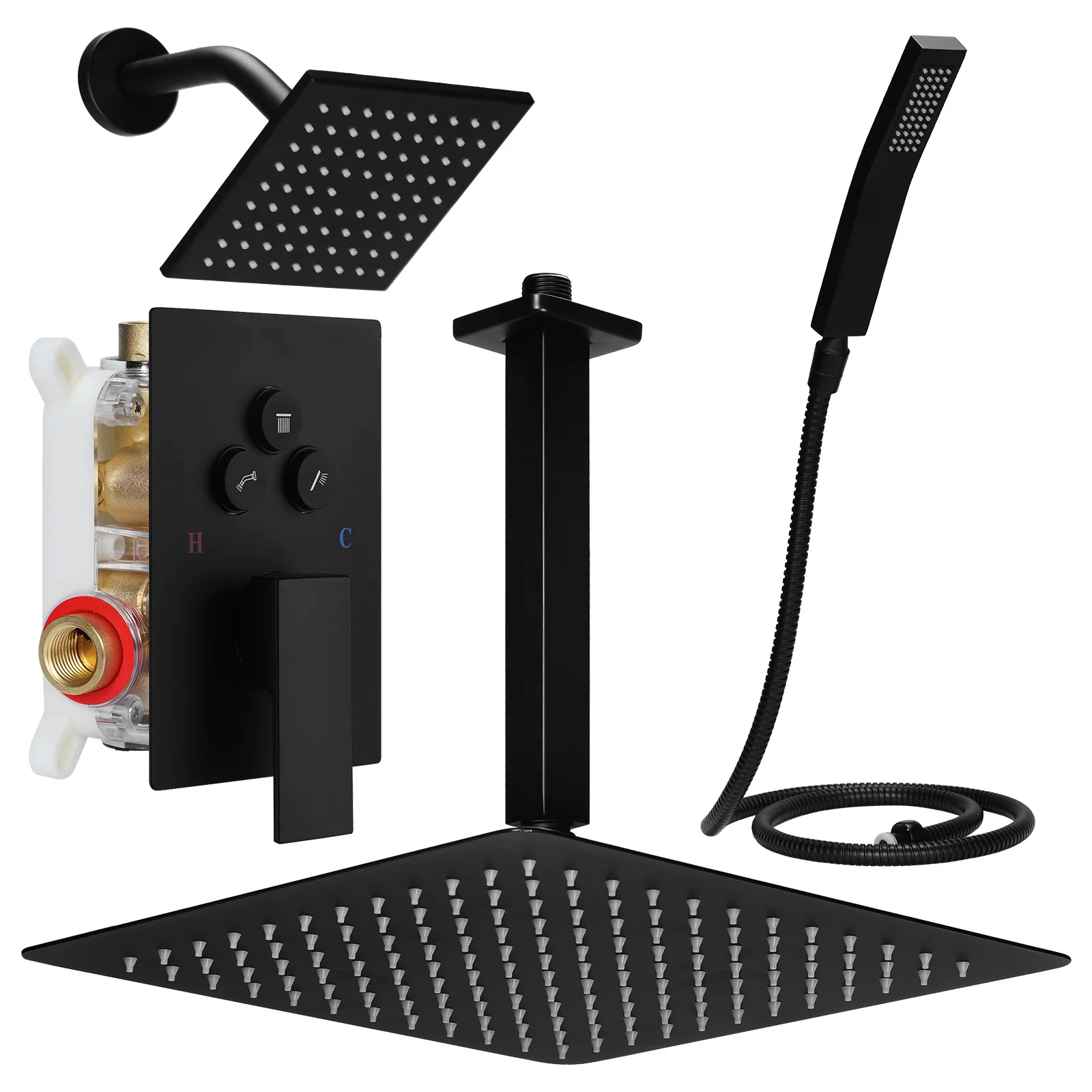 

Душевая система с эффектом тропического дождя: потолочная лейка 12 дюймов, настенная лейка 6 дюймов, кнопочный переключатель, ручная лейка 2-в-1 для ванной комнаты