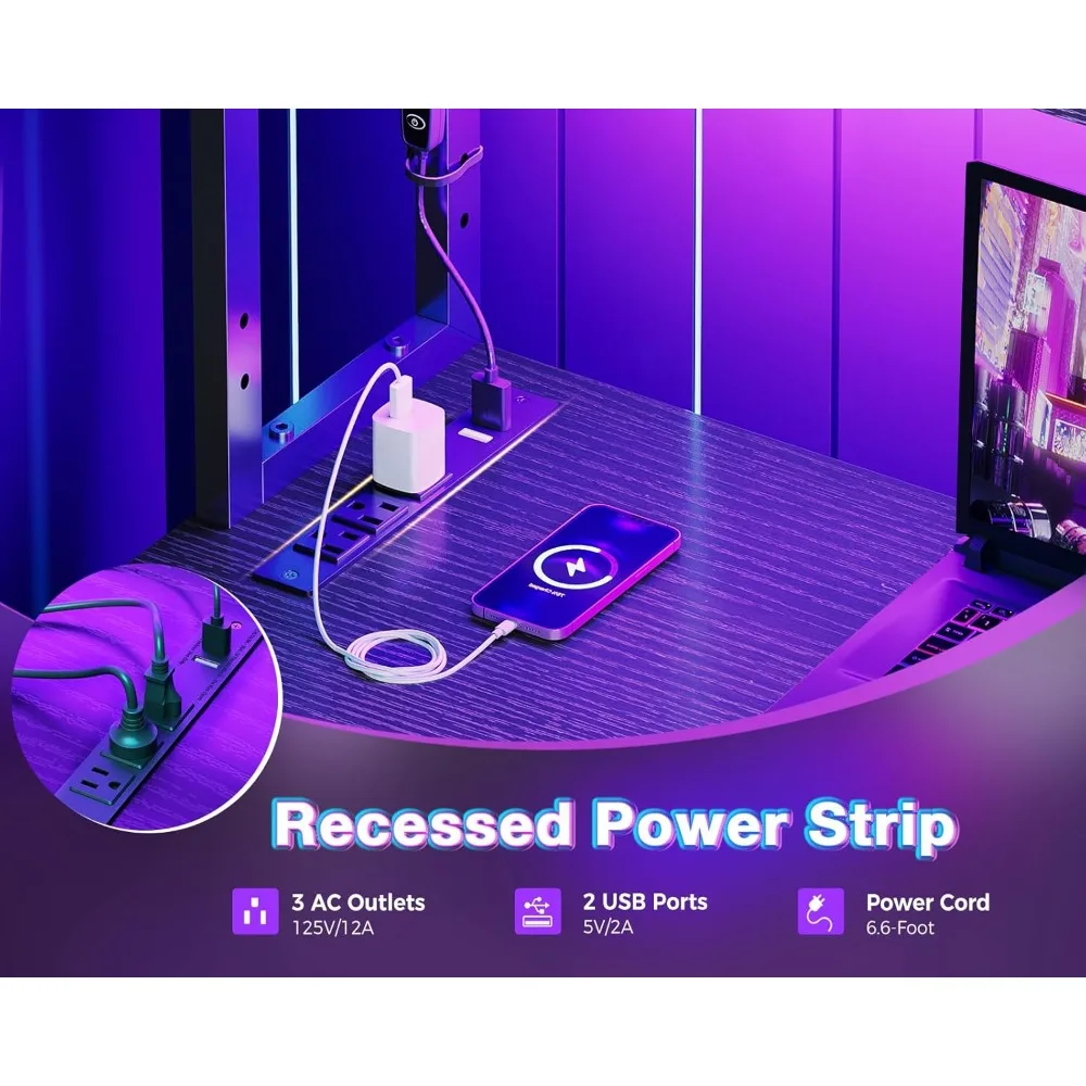 L Shaped Desk Gaming Desk with LED Light & Power Outlet, 53 Inch Reversible L Shaped Computer Table with Shelf & Storage Bag