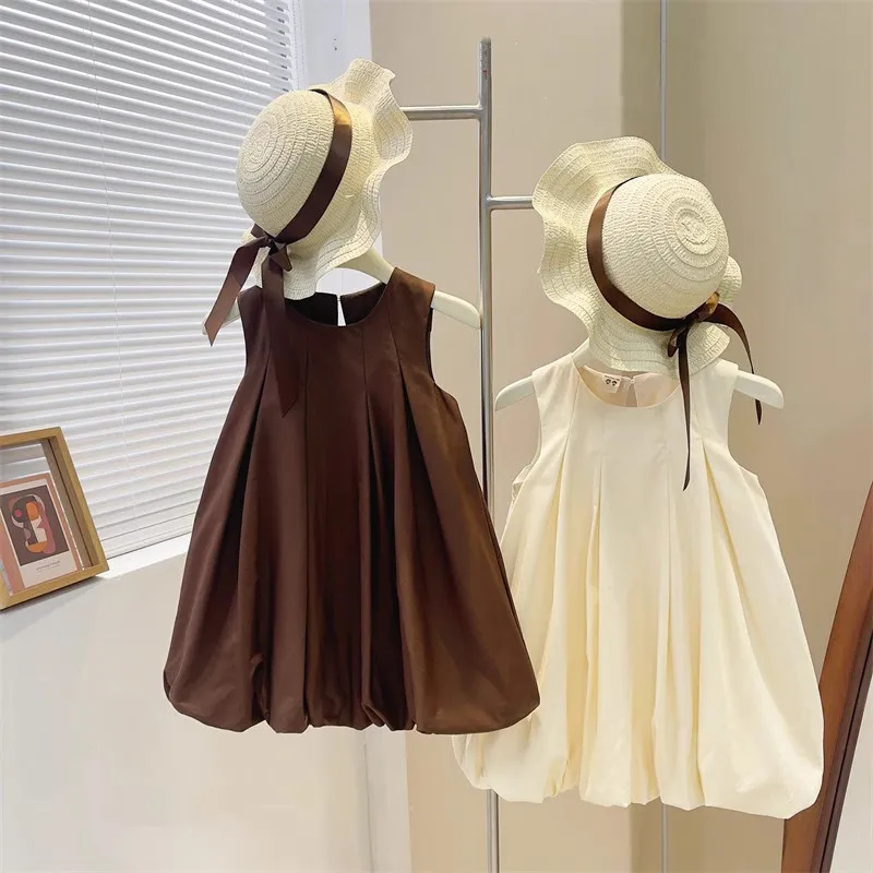 2026 Summer Girls Dress, Korean Style Simple Fresh Solid Color Puffy Bud Hem Princess Dress In Stock for 80-130cm