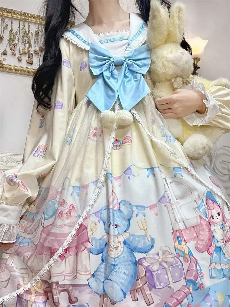 Donne Casual manica lunga Lolita Kawaii vestito fiocco orso pizzo blu abiti da principessa giapponese francese cameriera uniforme partito Prom Costume