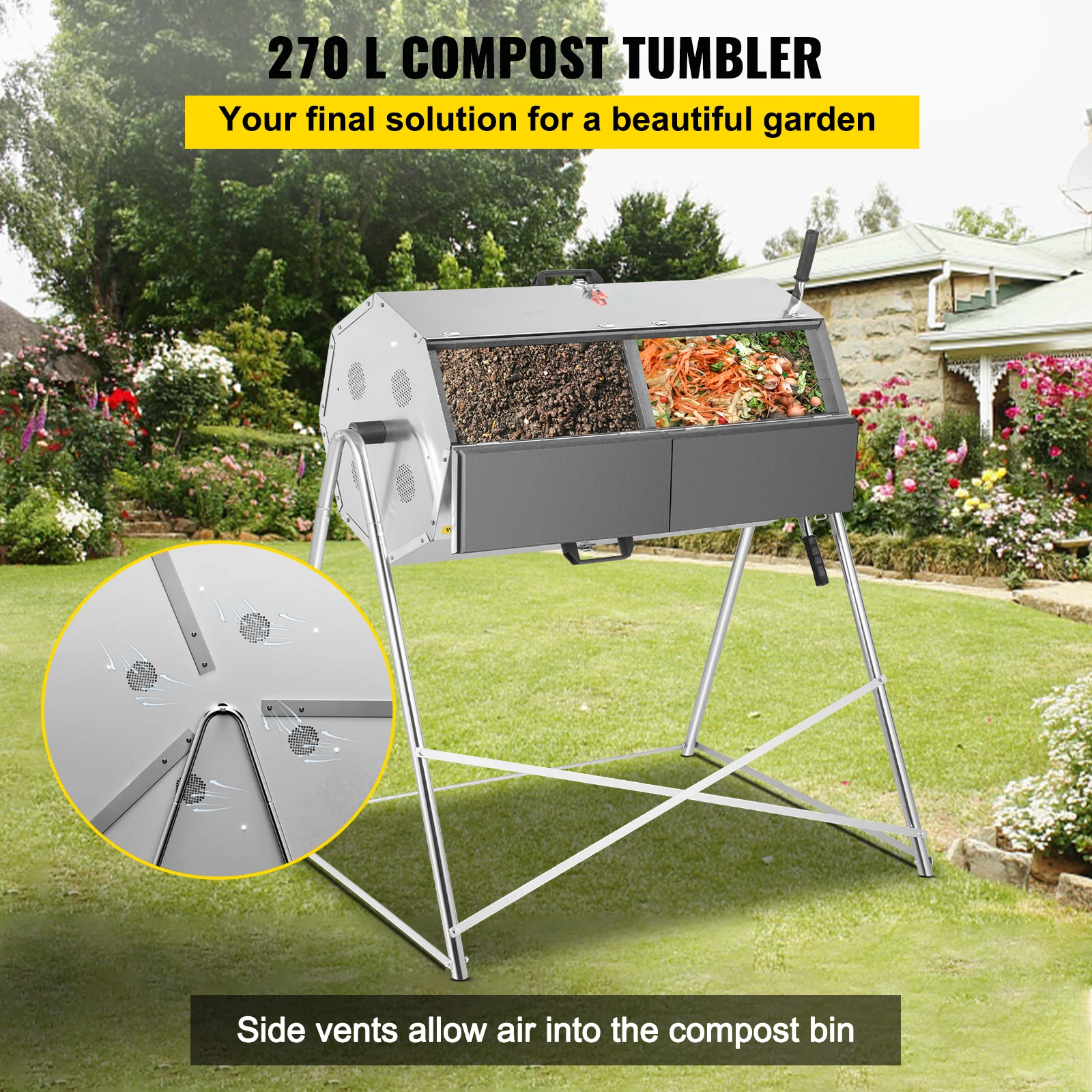 VEVOR tempat sampah kapasitas 33/71/106 galon, tempat sampah Stainless Steel ruang ganda Composter taman untuk halaman dapur