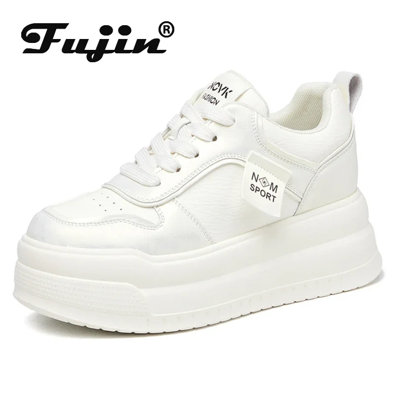 Fujin 8.5cm Genuine Leather High Brand Platform Wedge Vulcanize Spring Flats Vulcanize Comfy Chunky Sneaker Autumn Women Shoes