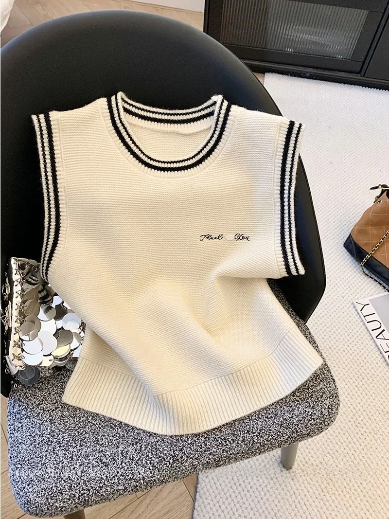 

Autumn Winter New Sle College Wind Color Blo round Ne Knitted Vest Women Outerwear Anti Aging Svel Top Women