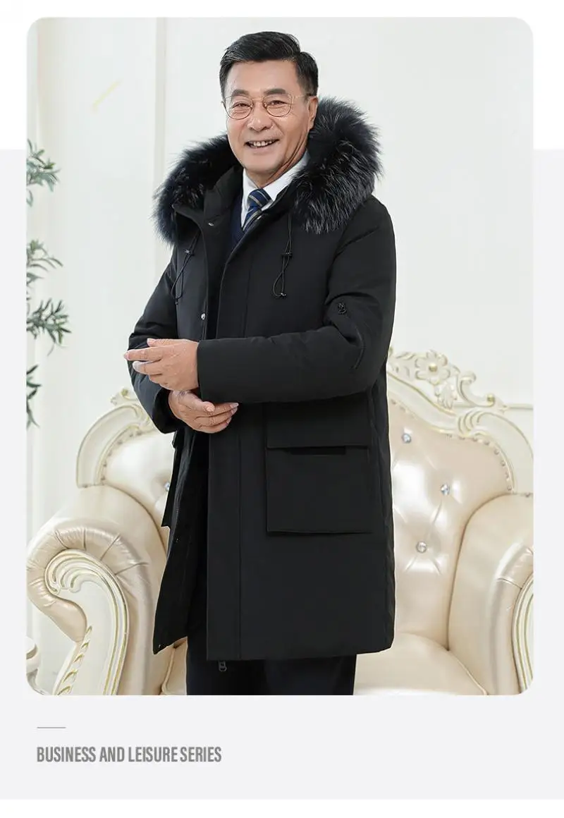 

2022 Winter New Down Jacket Middle-Aged and Elderly Men's Thickened Mid-Length Real Fur Collar Jacket Dad Wear