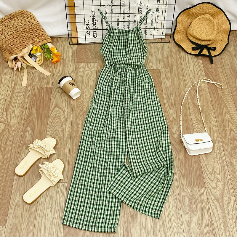 2025년 여름 하이웨이스트 와이드 레그 팬츠 휴가용 여성 롱 팬츠 점프수트 슬리밍 스트랩 디자인 비치 바캉스