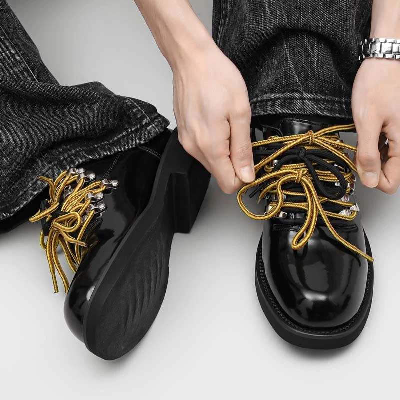 

Men's Black Retro Thick-Soled Men's Shoes Metal Rivet Decor Derby Low Heel Round Toe Two-Tone Laces British Style Casual Lofers
