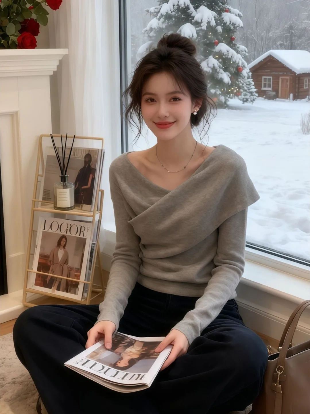 

Vintage V-neck Grey Knitted Pullover For Women Asymmetric Cross-over Thin Sweater Tops Autumn Trendy Office Warm Bottoming Shirt