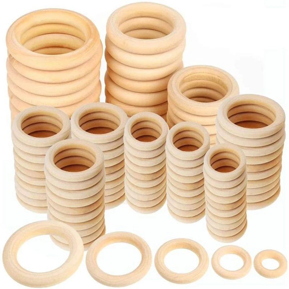 120Pcs Wooden Rings Set DIY Handmade Natural Maple Rings Pendant Teether Wind Chimes Crafts Making Home Decoration 12-55mm