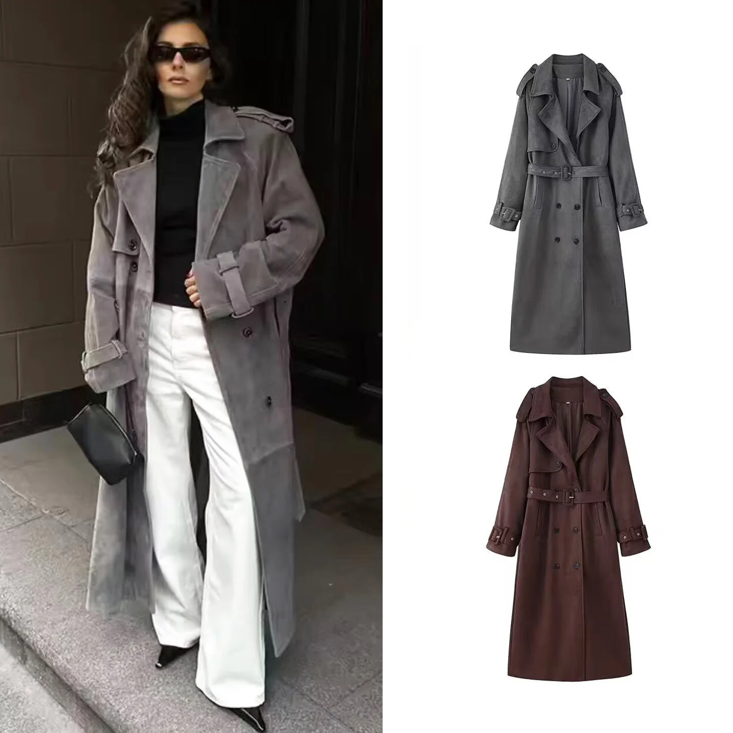 

Women Retro Solid Suede Long Trench Coat With Belt Lapel Double-Breasted Jacket With Pockets Autumn Winter New Lady Long Outwear