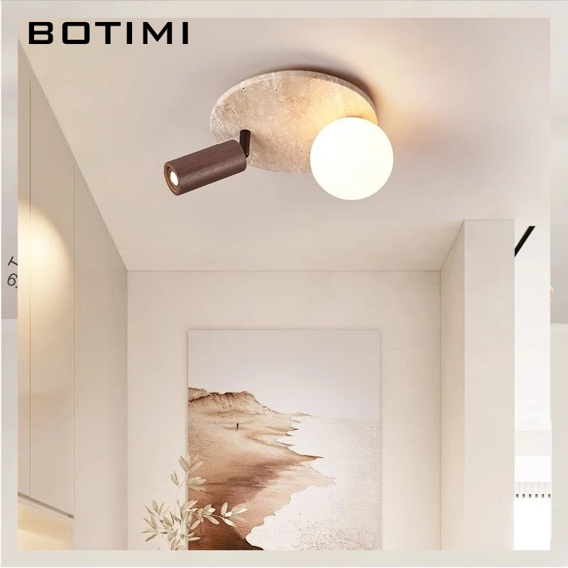 

BOTIMI Round Yellow Travertine Ceiling Light For Bedroom Room Modern Glass Lampshade Surface Mounted Wooden Rooms Lighting