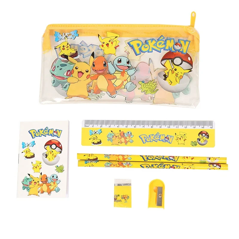 Pokemon Pikachu Student Stationery Set Anime Kawaii Pencil Case Pencil Ruler Eraser Zipper Storage Bag for Kids Birthday Gift