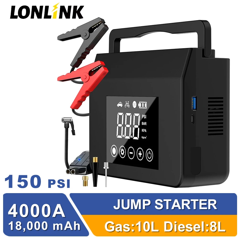 LONLINK 휴대용 자동차 점프 스타터, 공기 펌프, 공기 압축기, 150PSI, 4000A 고속 배터리 점프 스타터 충전기, C타입 급속 충전 