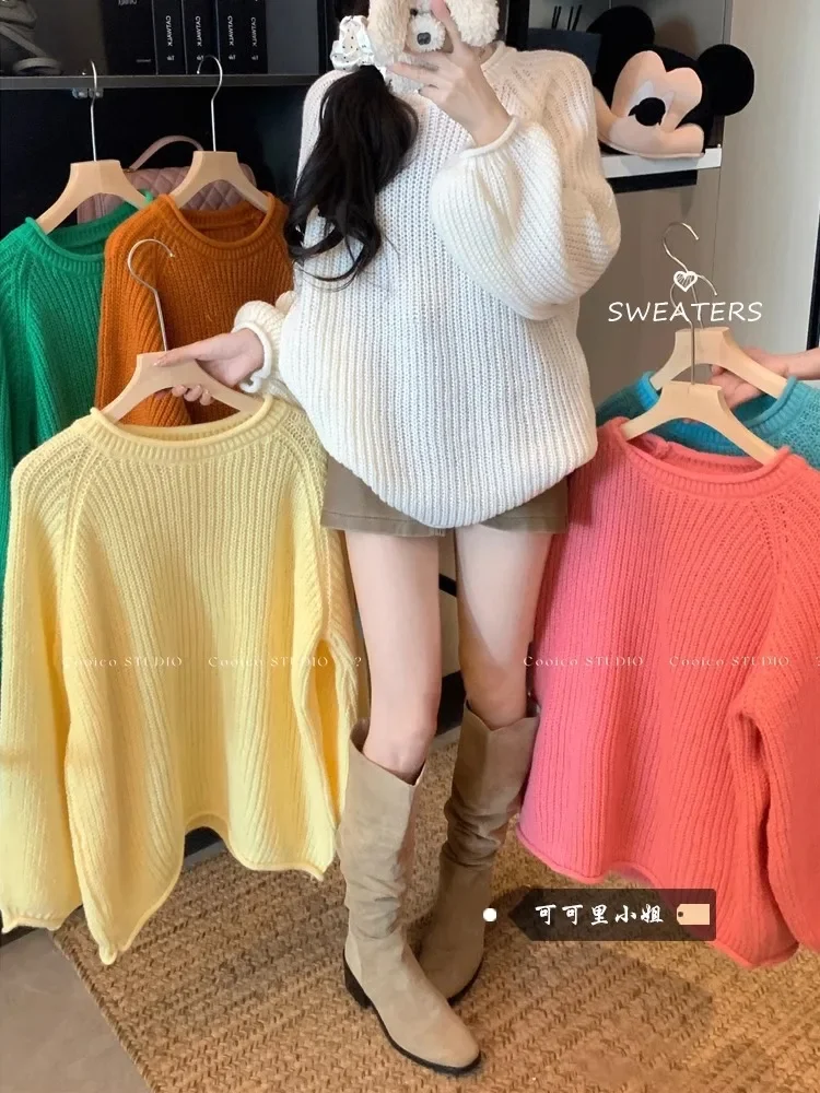 

2024 Autumn New Women Tops Knitted Sweater Simple Casual O Neck Long Sleeve Loose Knitting Pullover Sweet Girls Sweaters