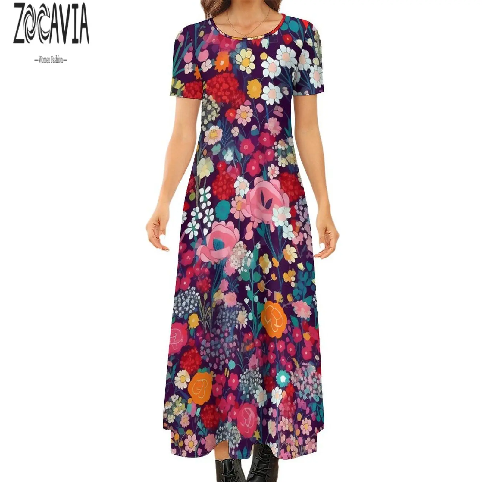 

ZOCAVIA Summer short sleeved skirts, casual and fashionable women's long dresses, autumn loose fitting dresses