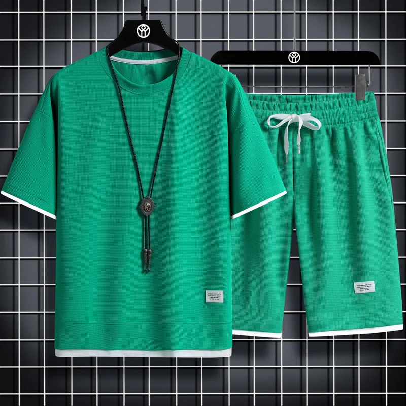 

Сплошной цвет в Европе и США, мужская 7-цветная летняя новая футболка с коротким рукавом + шорты, комплект из 2 предметов, спортивный мужской костюм для отдыха