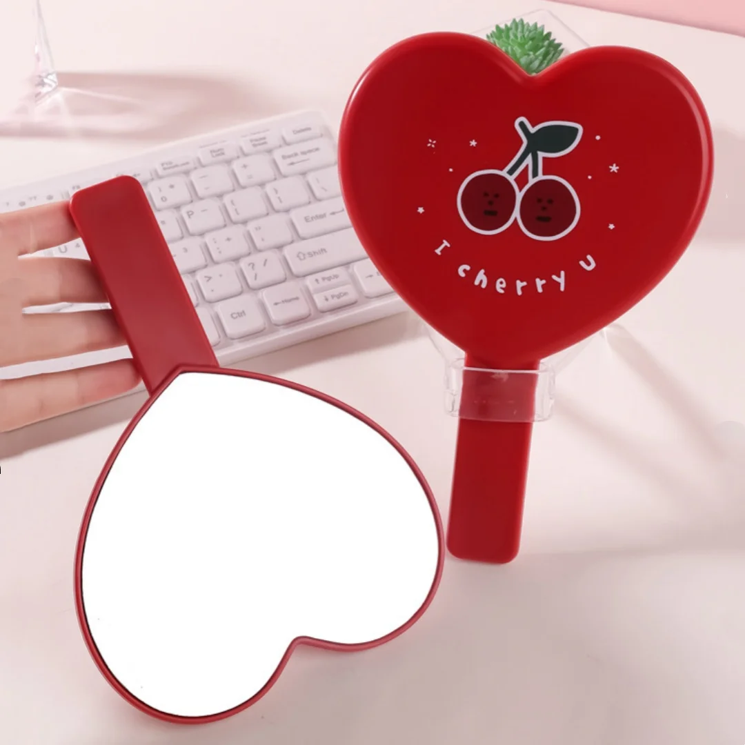 Cherry Love Heart Shaped Makeup Mirror Portable Handheld Red Cosmetic Mirror To Carry Around Beauty Accessories Women Girl Gifts