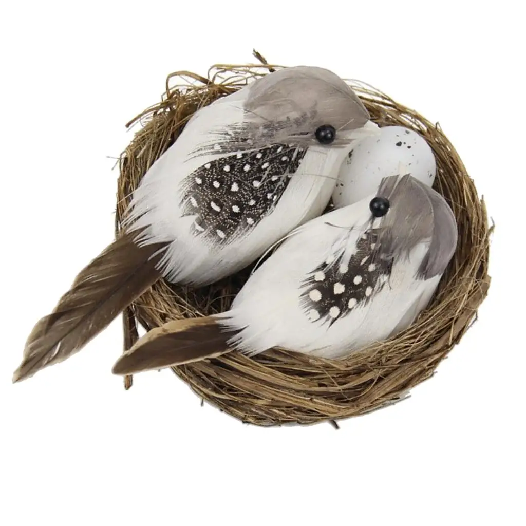 1 Set Realistic Feathered Birds with Nest & Birds Egg, Artificial Craft Birds for Garden Parties Lawn Decor Home Car Ornament