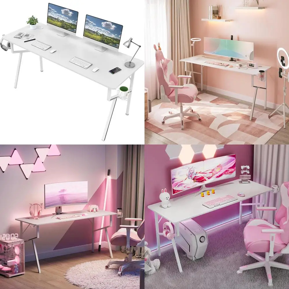 

K-Shaped Long Gaming Desk, 63 x 24 White Ergonomic Home Office Work Study Writing Table with Cable Management