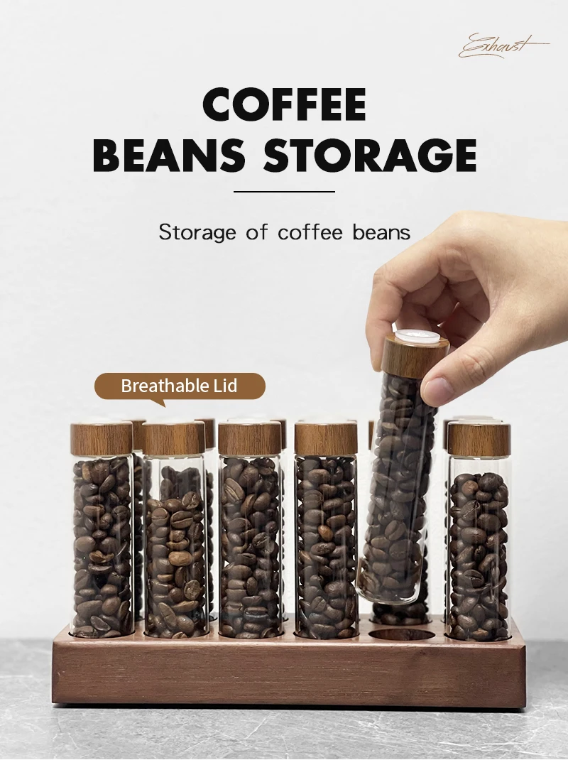 Kaffeebohnen Vorrats behälter Rohr Flasche Glas mit atmungsaktivem Deckel Walnuss Display Rack Barista Zubehör Kaffee geschirr Sets Geschenk – Detail 2
