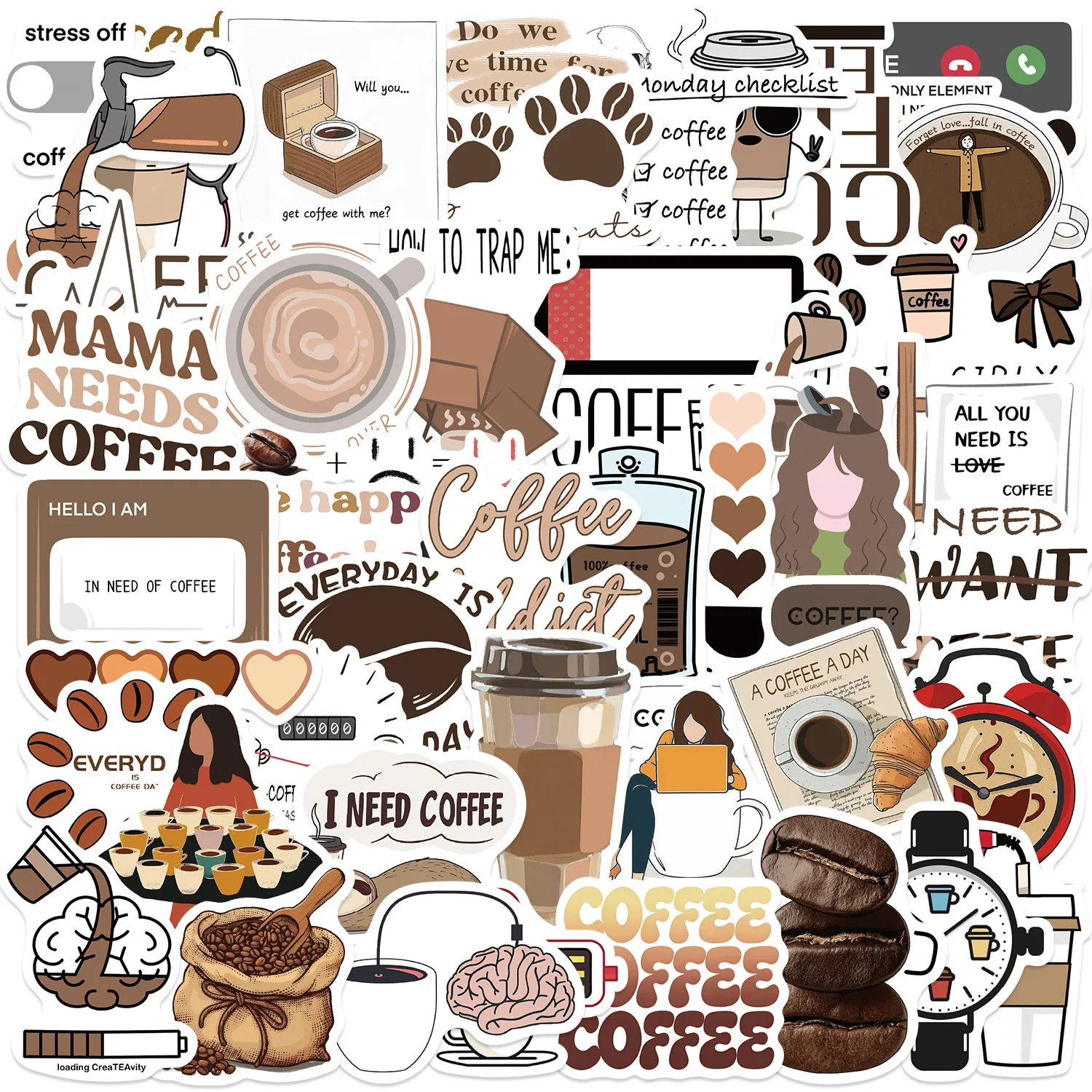 50-100 Stück Cartoon-Kaffee-Liebhaber Graffiti-Aufkleber Dekorative Gitarren-Notizbuch-Gepäck-DIY Wasserfeste Stifthalter-Sticker