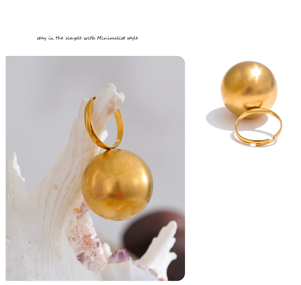 Yhpup Stilvoller, einzigartiger Edelstahl-Ring, 26 mm, große Kugel, verstellbar, 18 Karat Goldfarbe, wasserdicht, personalisierter Fingerschmuck, Geschenk – Detail 12