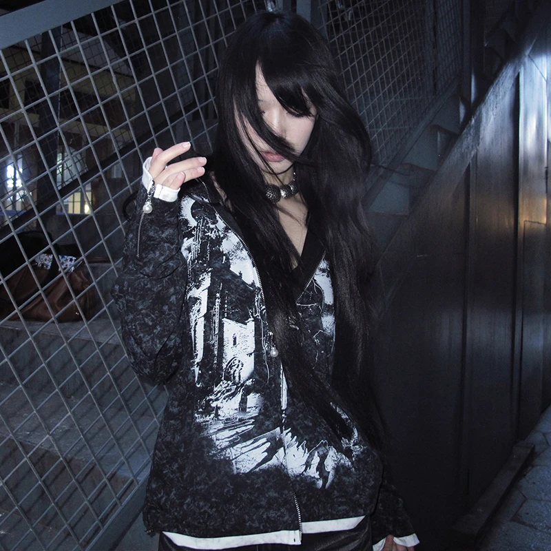 Karrcat grunge estética tatuagem impressão jaqueta vintage y2k angustiado com capuz outerwears trashy 2000s estilo zíper casaco americano
