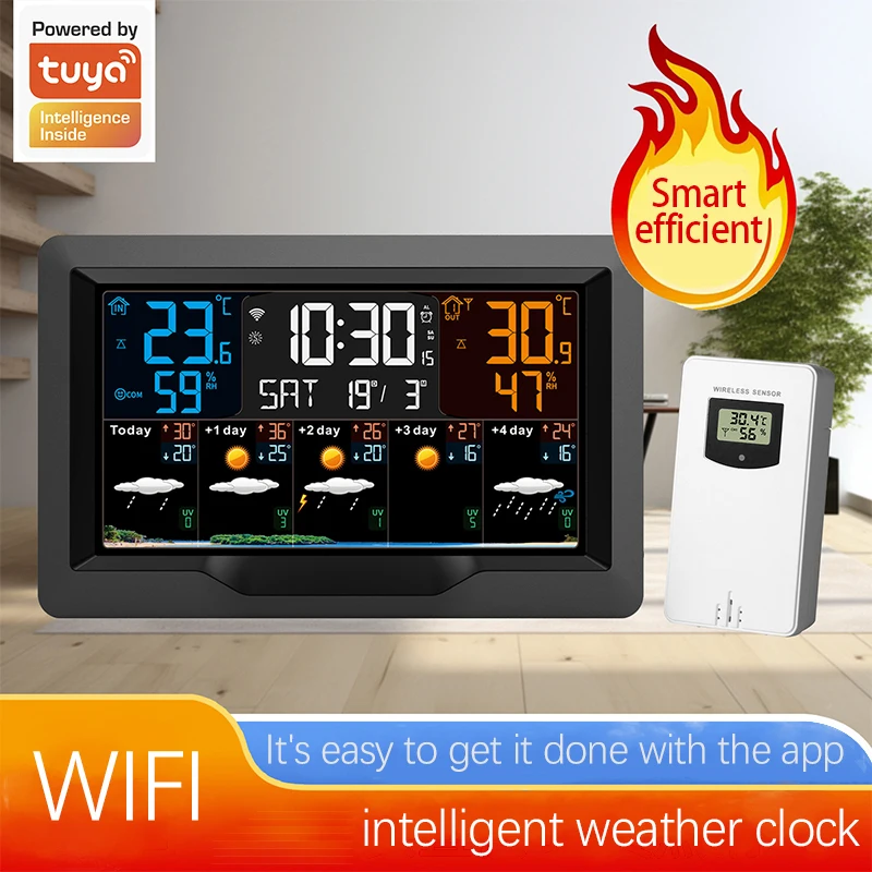 FJ3390TY-A Tuya WIFI Smart Weather Station Indoor and Outdoor Temperature & Humidity Meter Large Color Screen Weather Clock