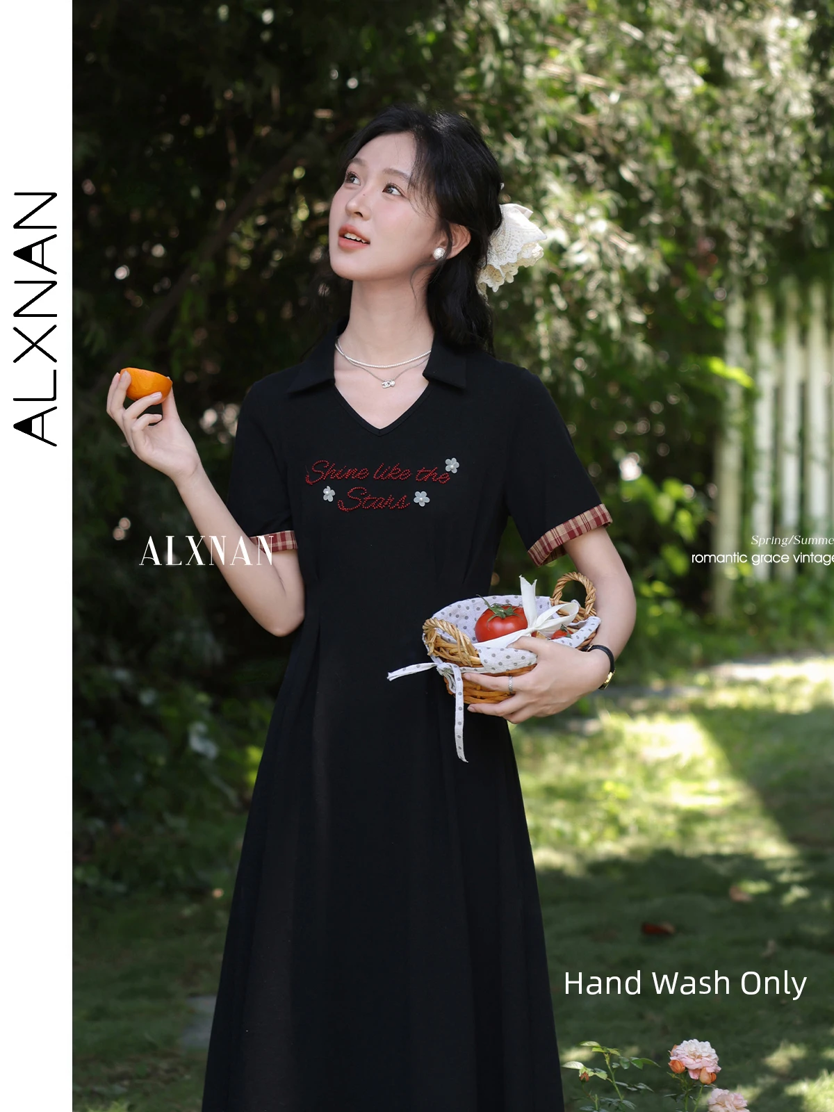 

ALXNAN Women's Black Long Dress Elegant V-neck Cotton Casual Midi Dress 2025 Summer Letter Holiday Beach Ladies Clothing L55916