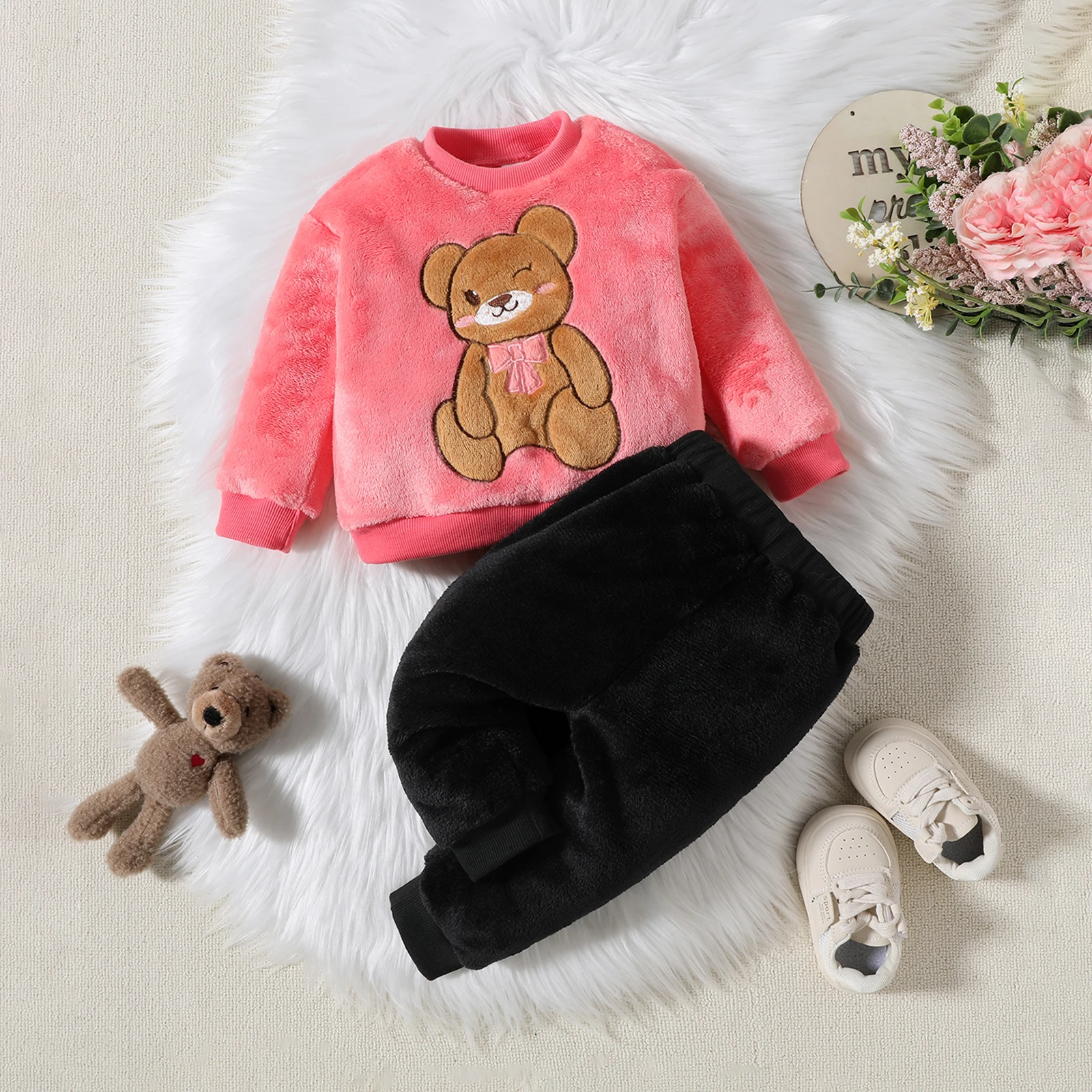 2PCS Kids Coral Plush Cute Teddy Bear Hoodie Autumn Winter Warmth Set Boys Girls Children Babies Warm Costume Suit 0-24M