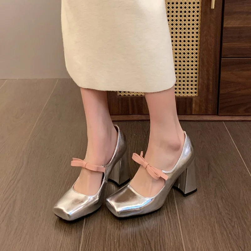 Women Square Toe Marie Janes High Heels Shoes Summer New Design Dress Shoes Fashion Brand Elegant Shoes Sliver Chunky Pumps