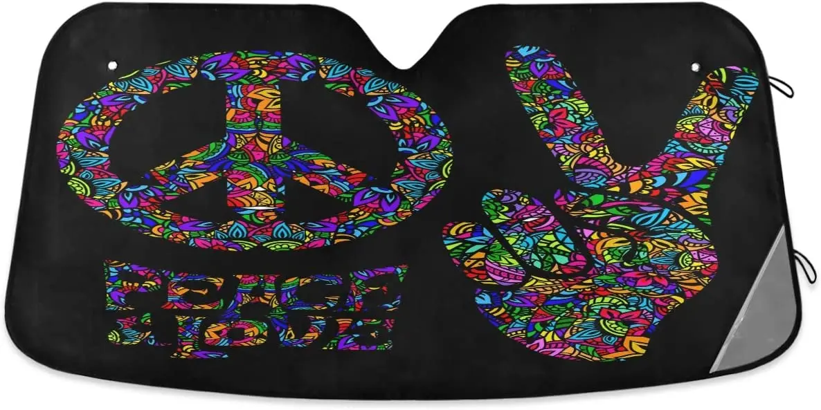 

Oarencol Peace Car Windshield Sun Shade Love Symbol Two Fingers Hippie Colorful Foldable UV Ray Sun Visor Protector Sunshade to