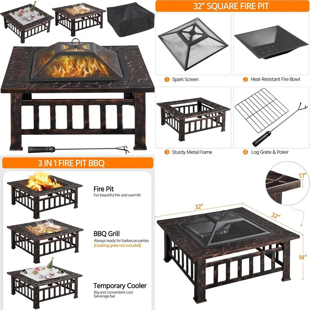 

Wood Burning Outdoor Fire Pit Table, 32-inch Square Patio Garden Stove with Spark Screen, Log Poker, and Cover for Backyard Fire