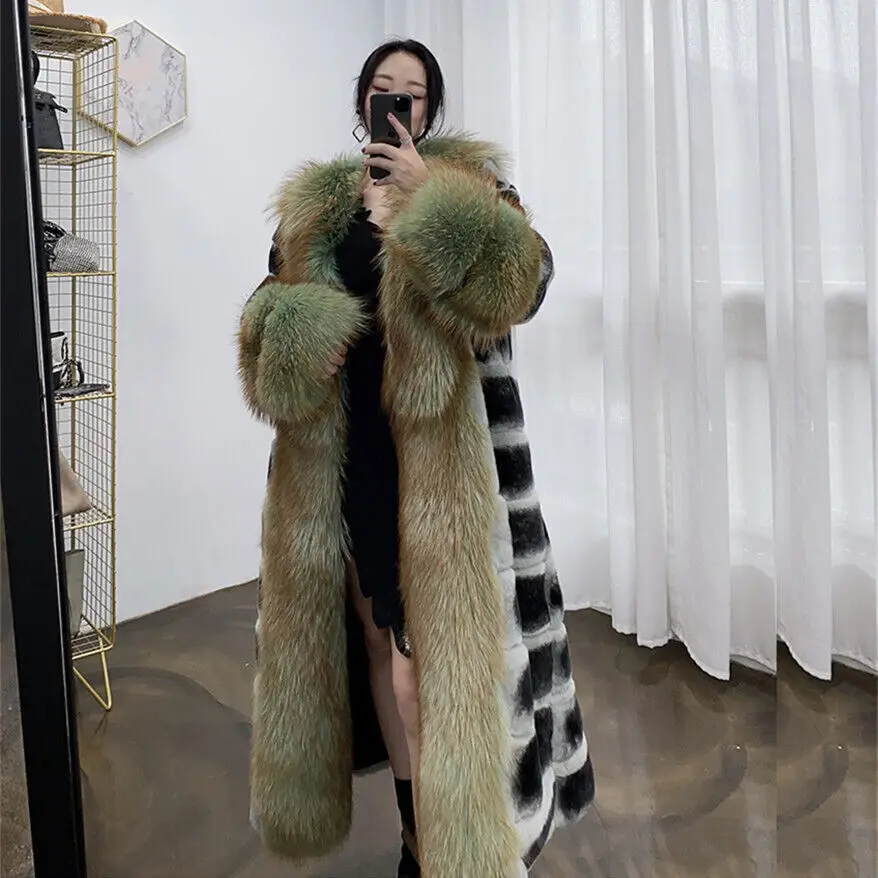 Luxury Elegant Women Genuine Rex Rabbit Fur Long Coat Fox Fur Collar Cuff Trim Overcoat Winter Warm Natural Fur Thick Outwear