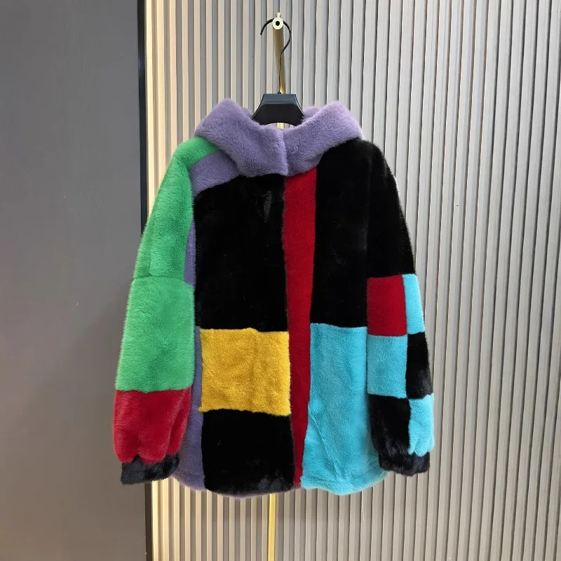 Fashion Casual Mid-Length Hooded Color-Block Versatile Faux Fur Coat Womem's Winter New Long Sleeves Colorful Loose Furry Jacket