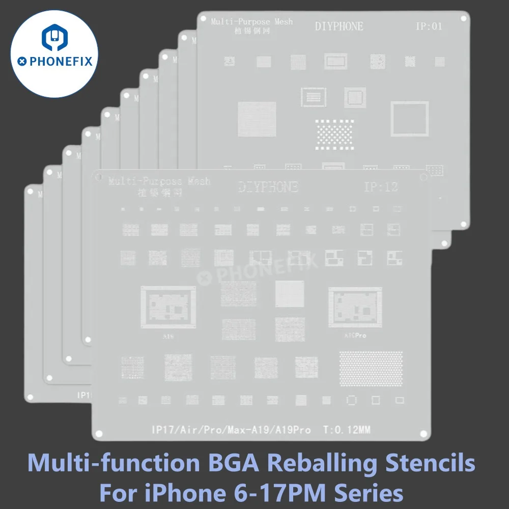 

Многоцелевой трафарет для реболлинга BGA 0,12 мм со стальной сеткой для iPhone 11, 12, 13, 14, 15, 16, 17 PRO MAX IC Chip, жестяной шаблон для посадки процессора