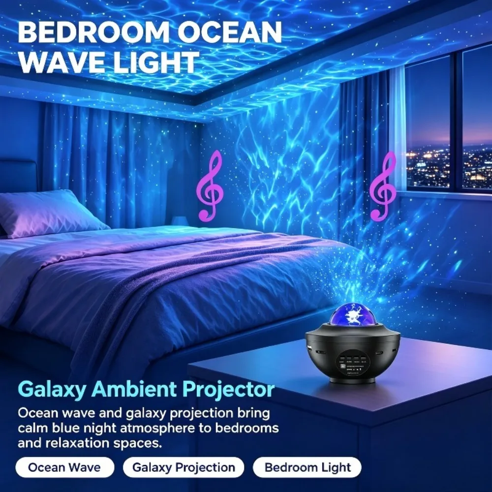 LED Starry Sky Projector Night Light Remote Control Switch USB Music Player Ocean Wave Galaxy Ambient Light Kids Birthday Gift