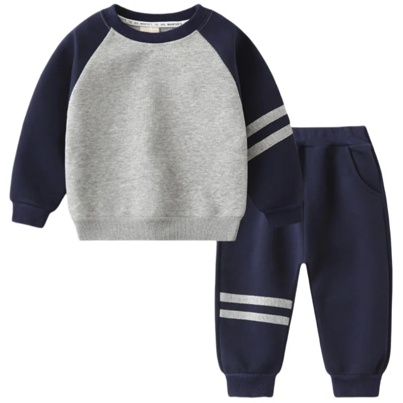 Autumn Children Boy Two Piece Clothes Set Cotton Spliced Raglan Sleeve Sweatshirt Suit Elastic Waist Jogger Pant Baby Boy Outfit